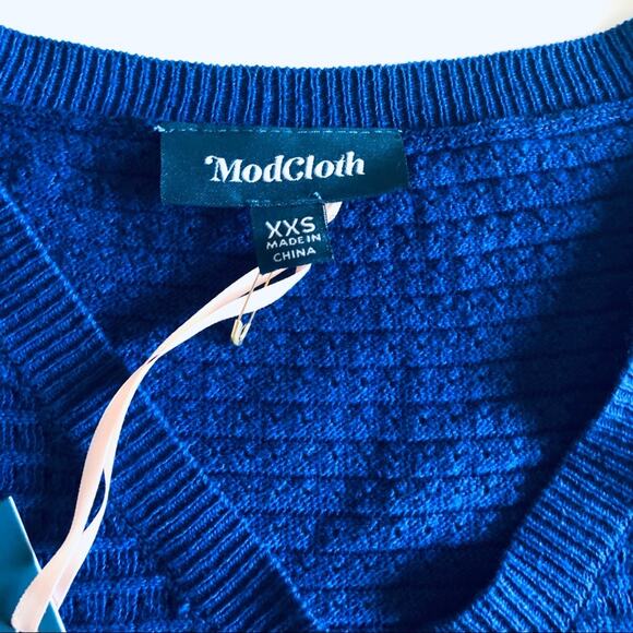 ModCloth 'Pointelle As Well' Women's XXS V Neck Sweater Blue Preppy Classic - Picture 7 of 9